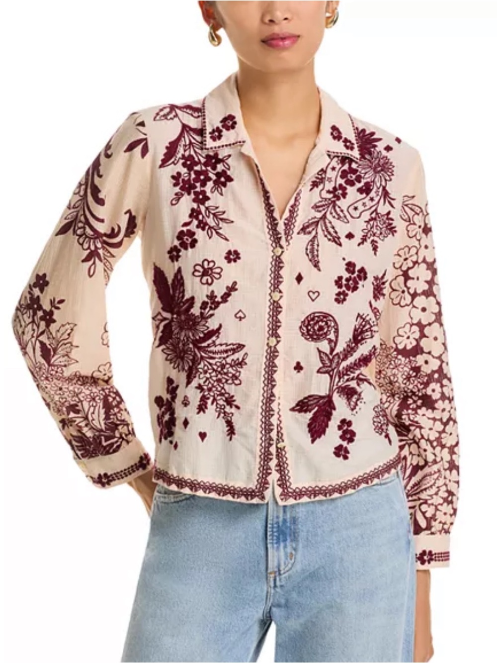 Johnny Was Embroidered Floral Blouse Top Cream Burgundy Maroon Boho L NWT